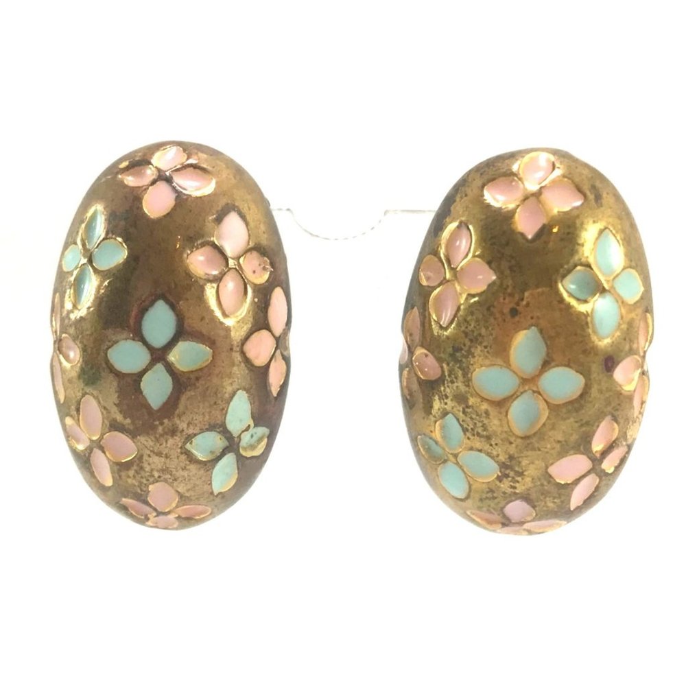 Vintage Chunky Gold Tone Over Copper & Enamel Clip On Earrings Pink Green